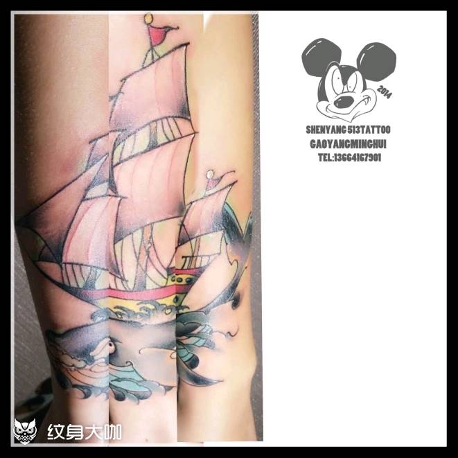 原创鲸鱼帆船纹身图片_手臂欧美清新动物静物原创成品纹身图案