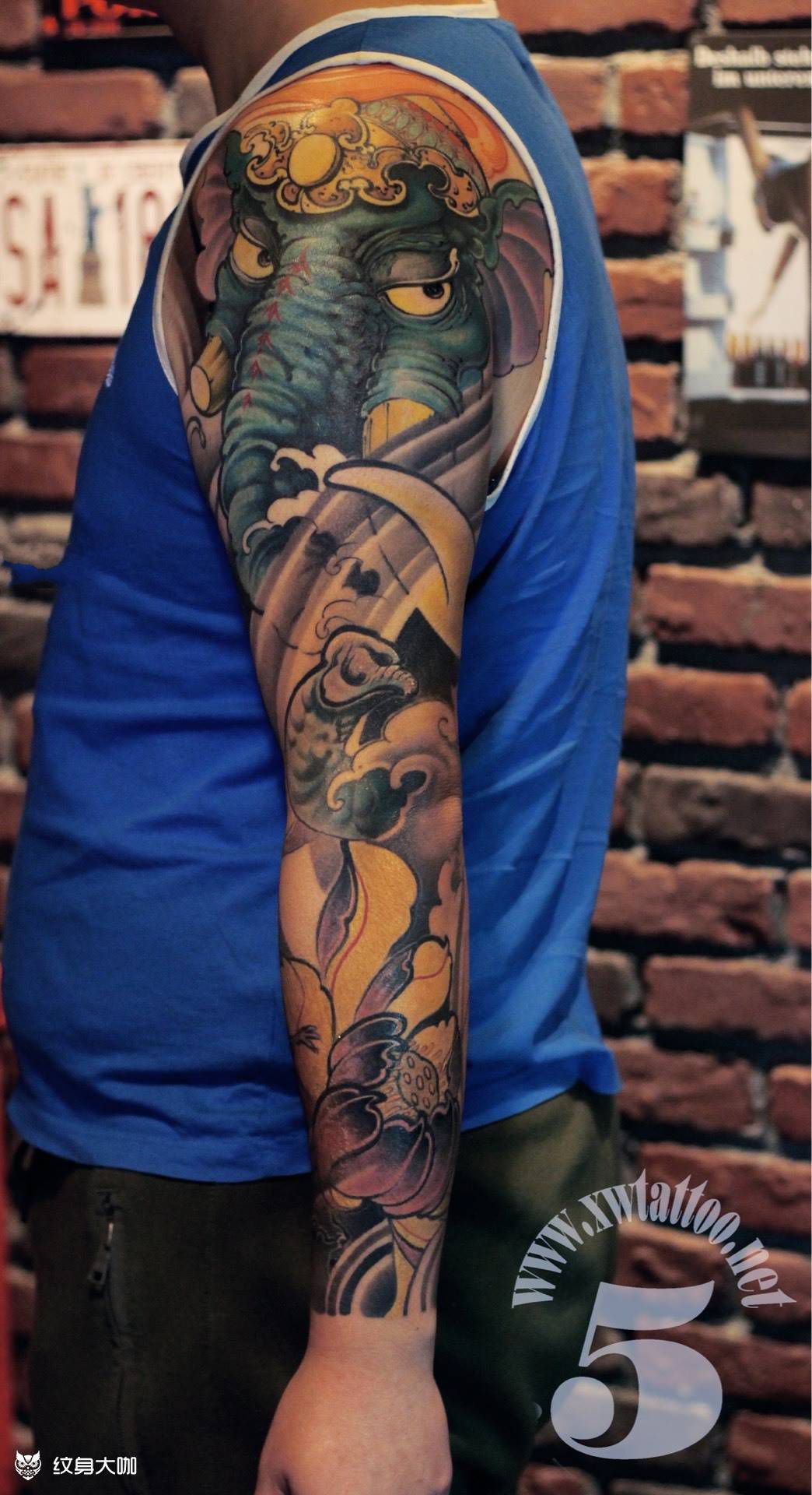 象神花臂-武非纹身图片_小伟刺青鬼神传统手臂成品纹身图案