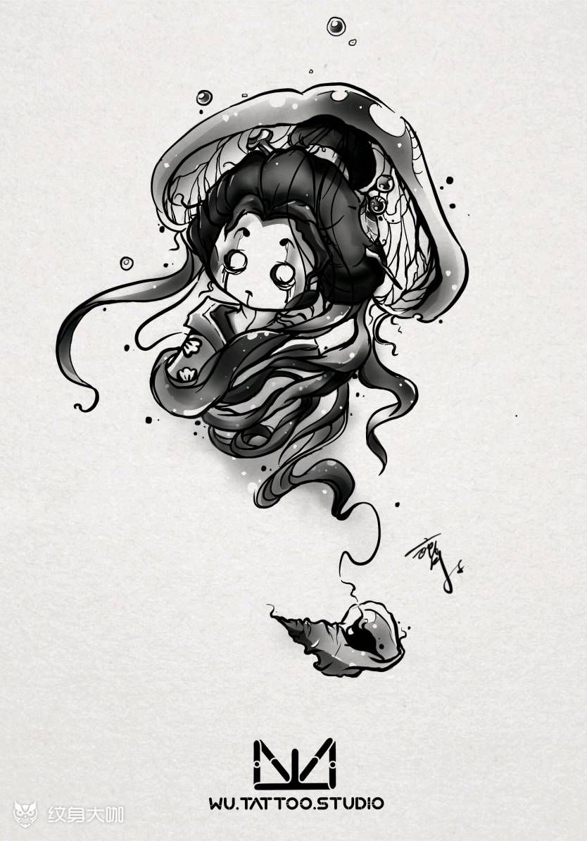 被水母抓走的田螺姑娘纹身图片_新传统点刺纹身图案