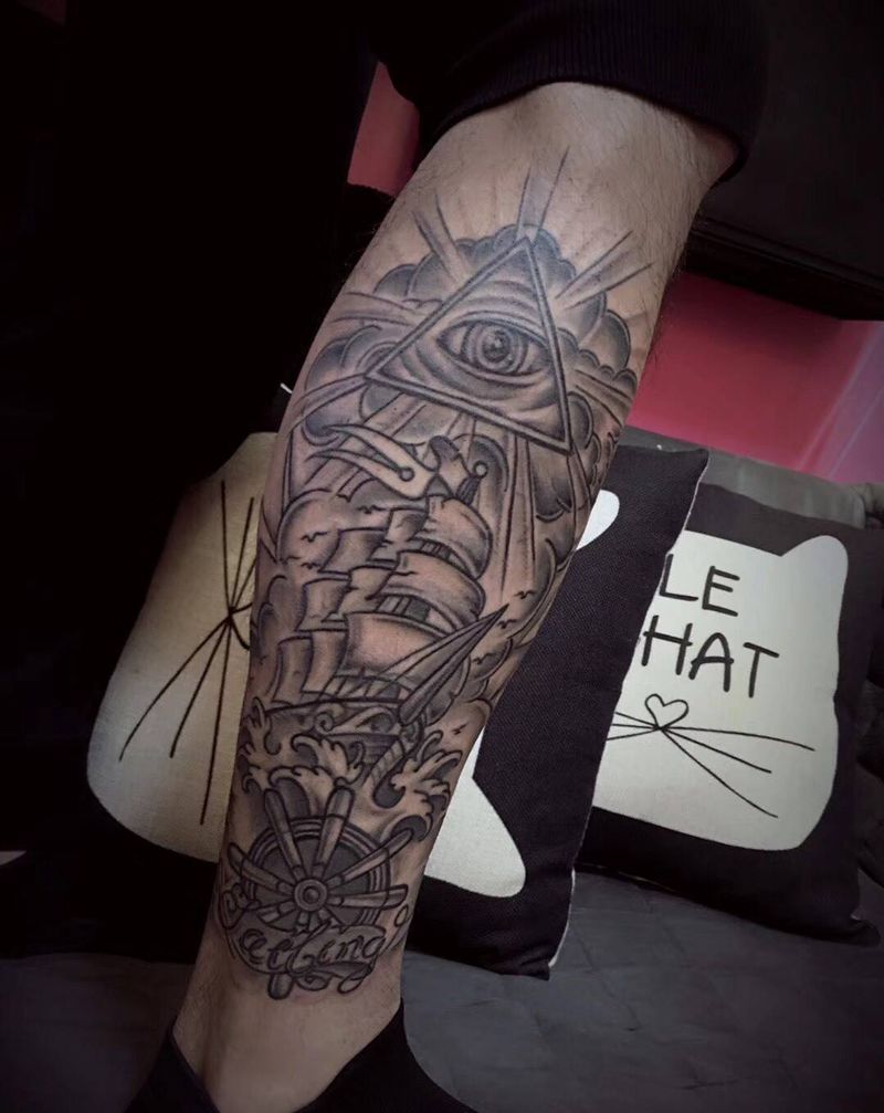 修一波纹身图片_成品欧美腿部帆船school船舵眼睛纹身图案