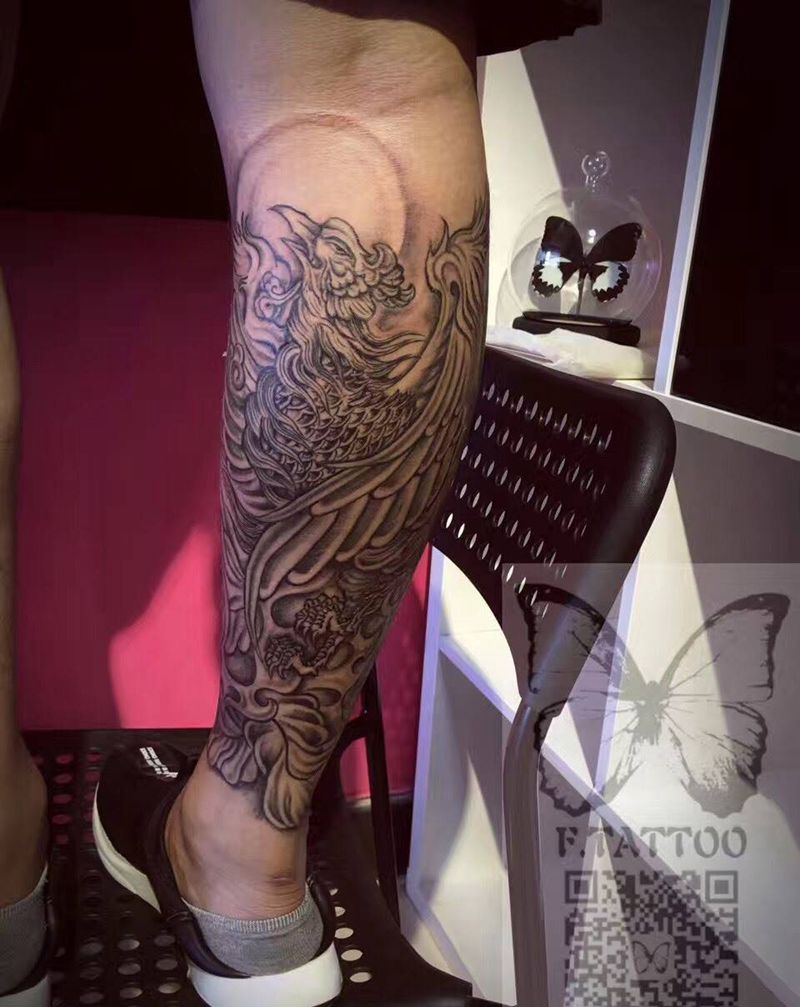 接 凤凰纹身图片_成品腿部传统动物凤凰纹身图案