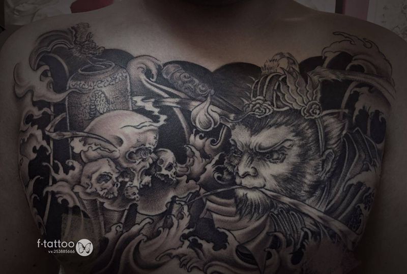 客人自带图.纹身图片_胸部老传统新传统花胸悟空纹身图案