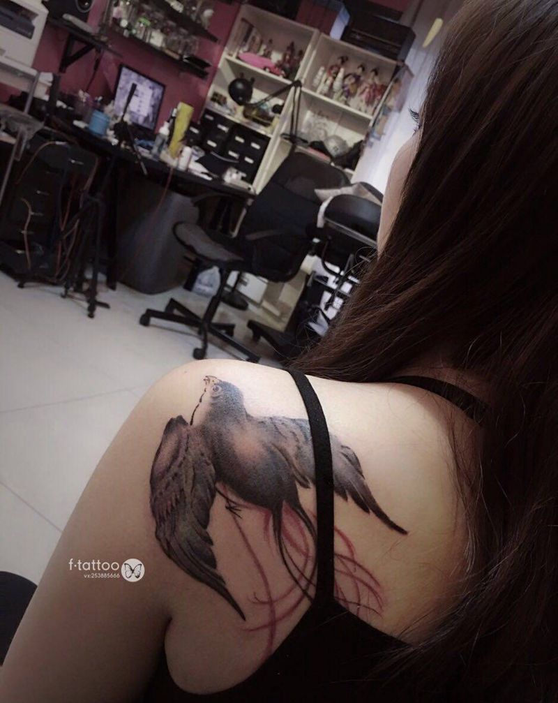 燕子纹身图片_背部肩部燕子小清新纹身图案