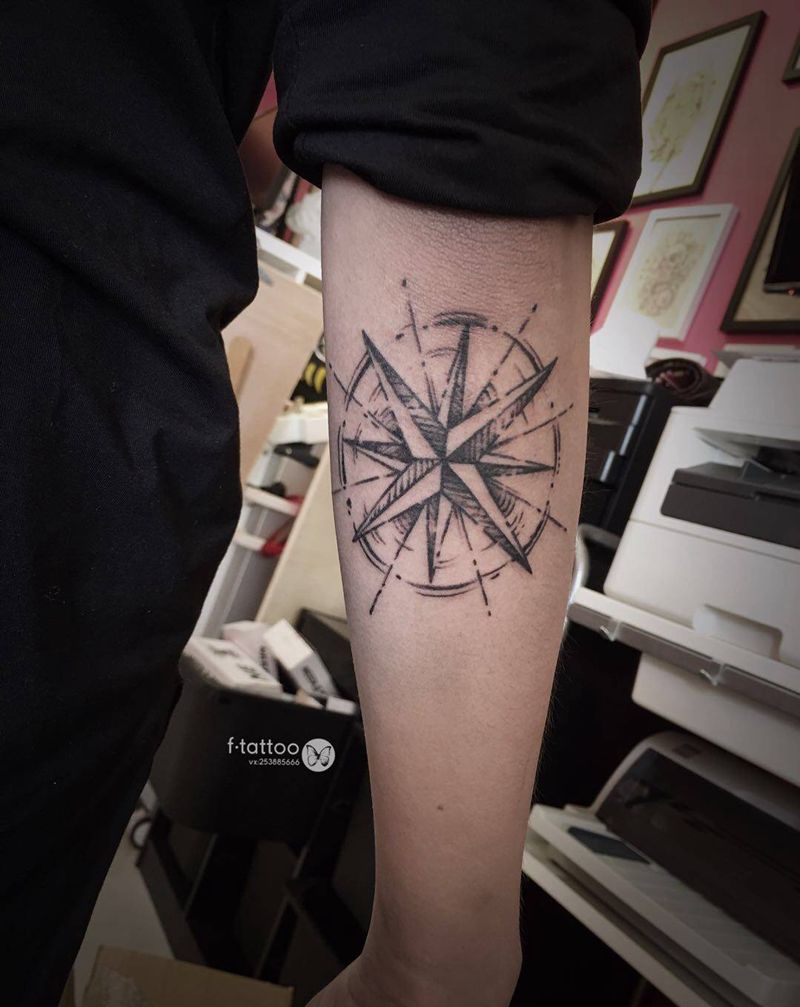 指南针纹身图片_手臂几何指南针小清新纹身图案