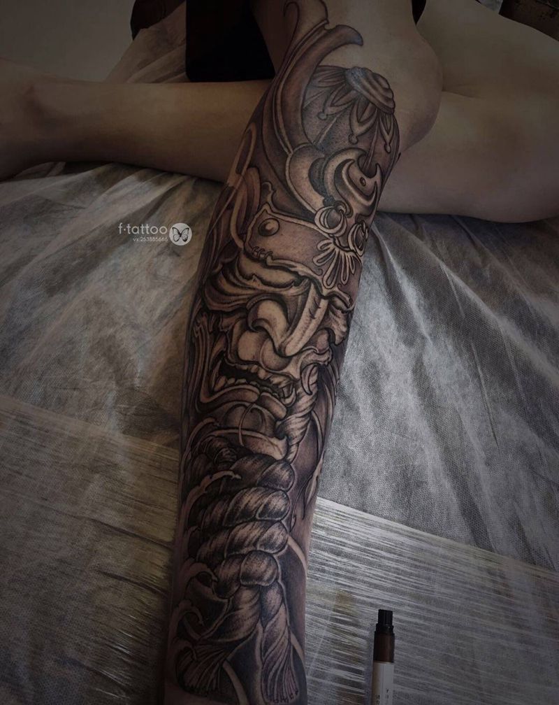 鬼武士.纹身图片_腿部老传统新传统鬼武士包小腿黑灰纹身图案