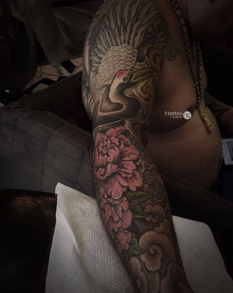 鹤先生.纹身图片_手臂新传统花臂仙鹤花纹身图案