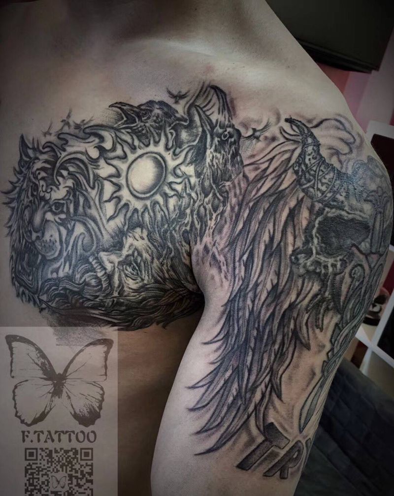 强行改盖纹身图片_成品胸部手臂欧美传统半甲老虎骷髅翅膀人物纹身图案