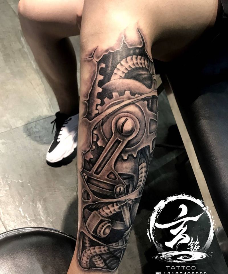 机械腿纹身图片_腿部新传统机械纹身图案