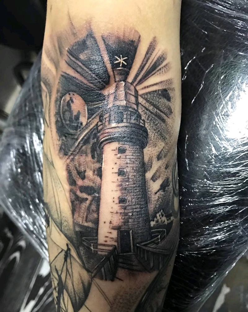 黑灰写实眺望塔完成纹身图片_手臂欧美写实纹身图案