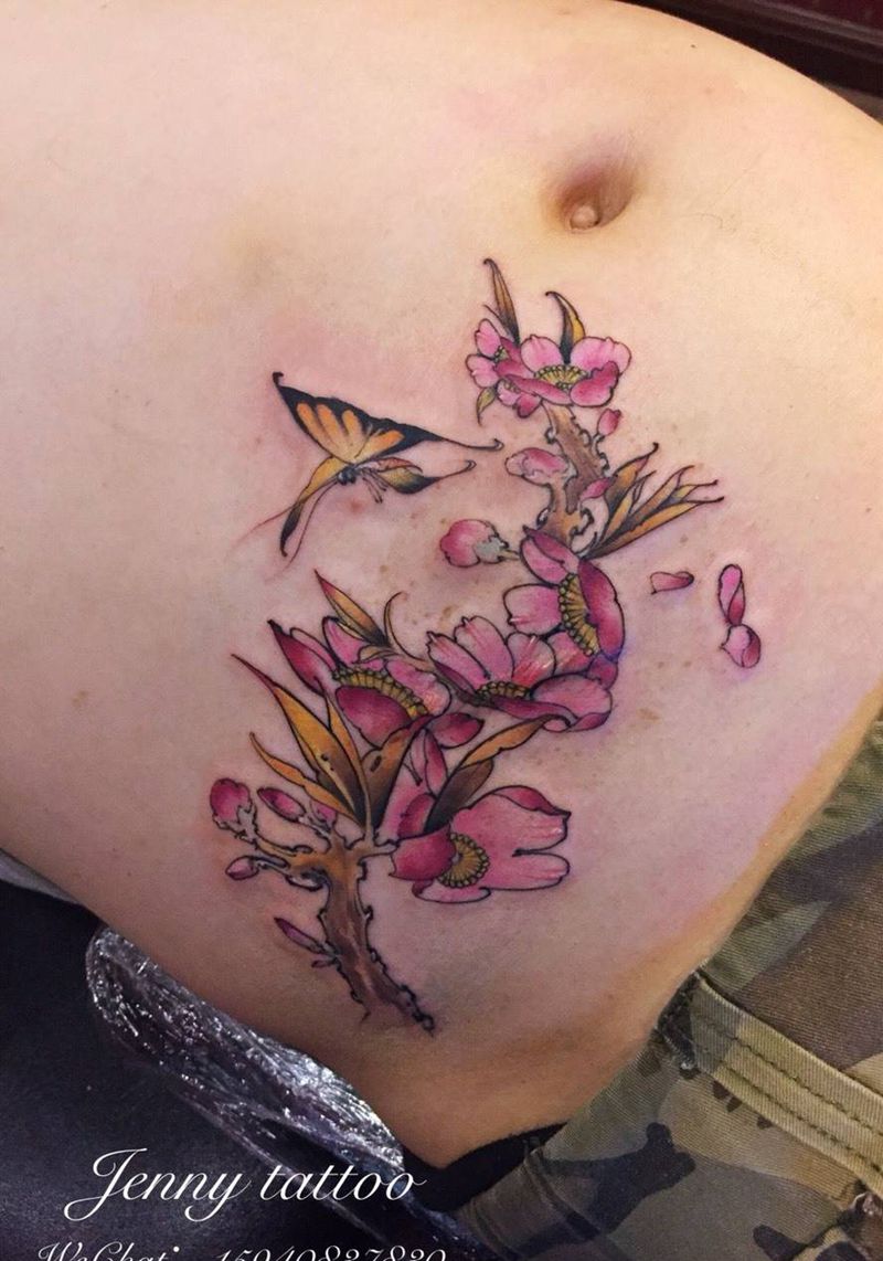 新传统 樱花➕蝴蝶纹身图片