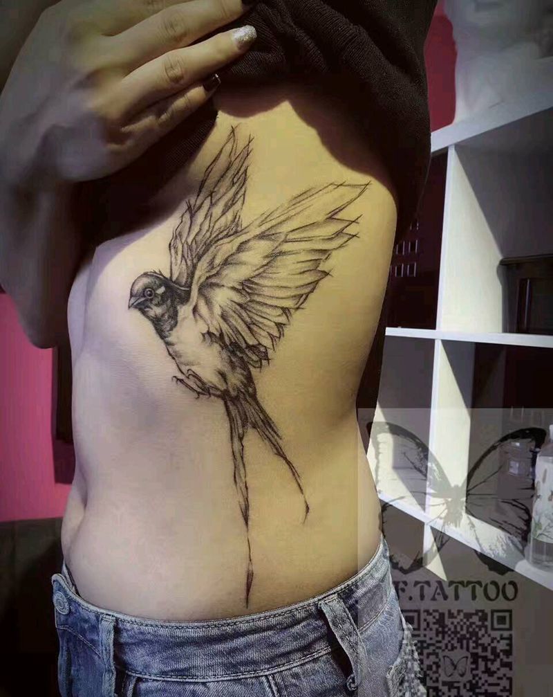 燕子纹身图片_清新动物女生侧腰燕子成品纹身图案