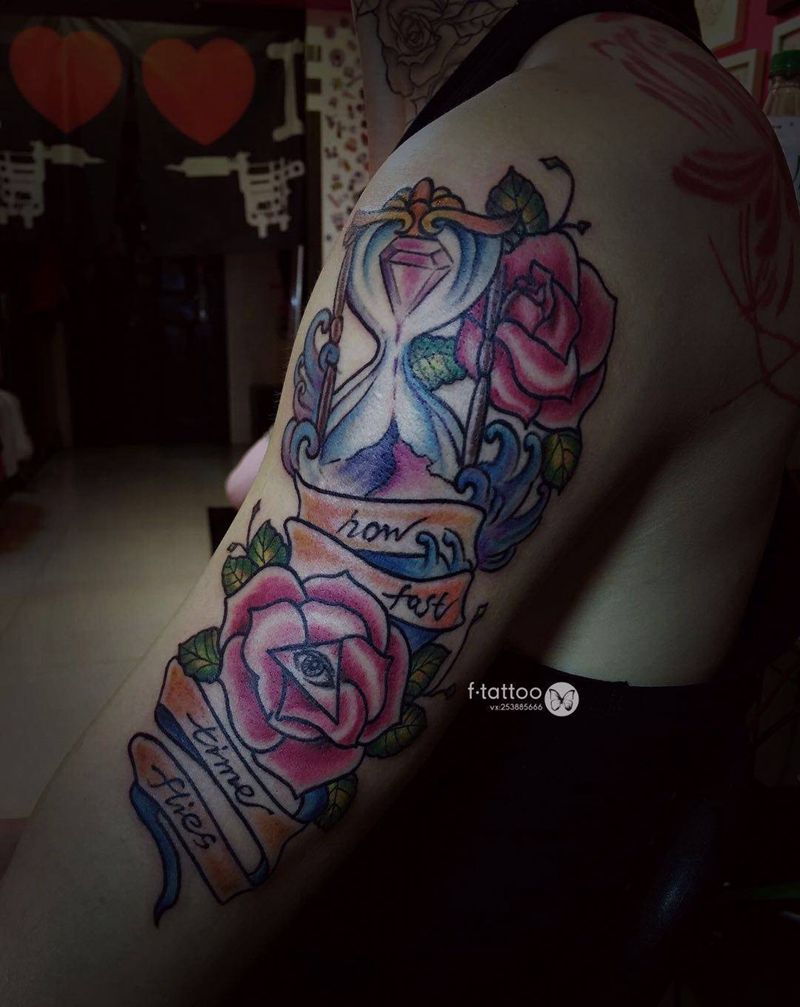 School沙漏纹身图片_成品手臂欧美school玫瑰沙漏彩色清新纹身图案