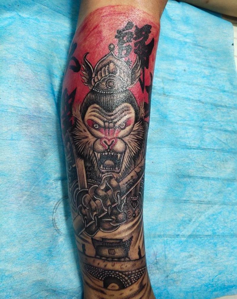 大圣归来纹身图片_腿部纹身图案