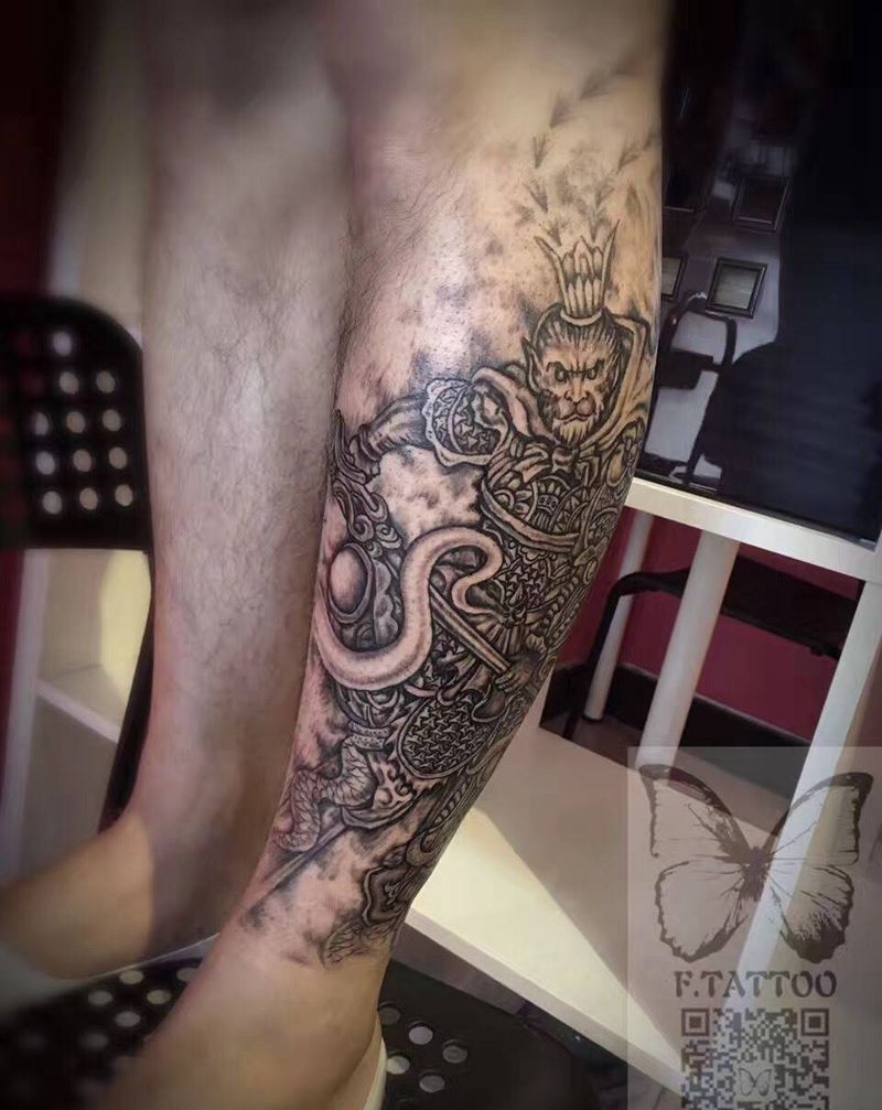 齐天大圣纹身图片_成品腿部传统齐天大圣悟空纹身图案