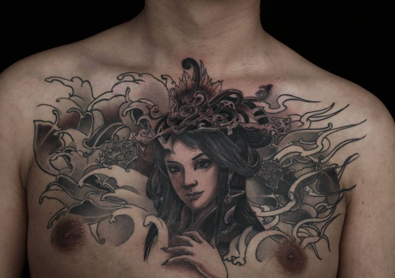 艺妓纹身图片_胸部新传统纹身图案