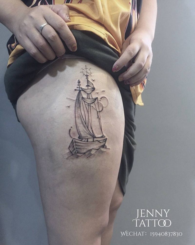 点刺几何 帆船纹身图片