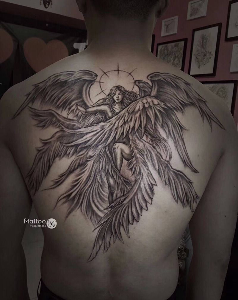 守护天使.纹身图片_成品背部欧美清新写实天使纹身图案