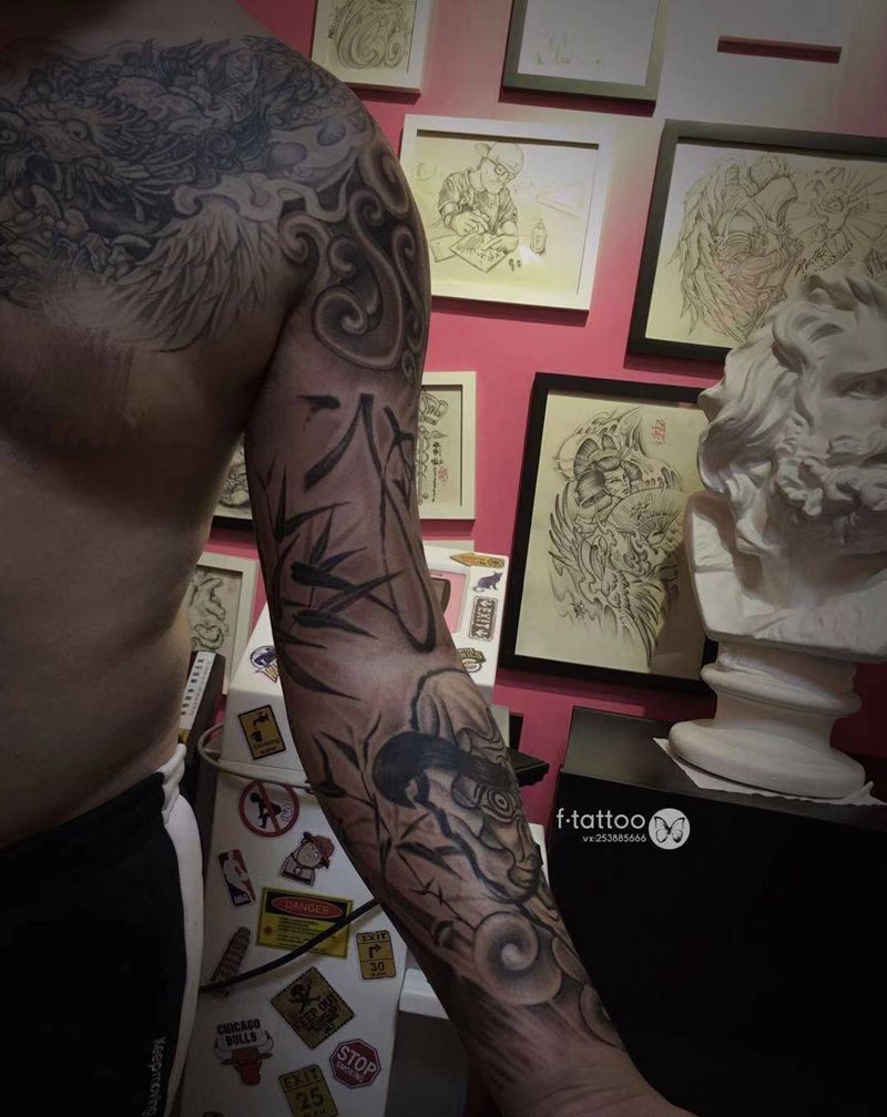 随性花臂.纹身图片_手臂老传统水墨毛笔字竹子花臂纹身图案