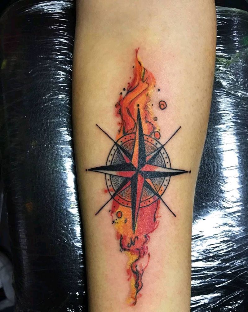 火焰风向标完成纹身图片_手臂几何纹身图案