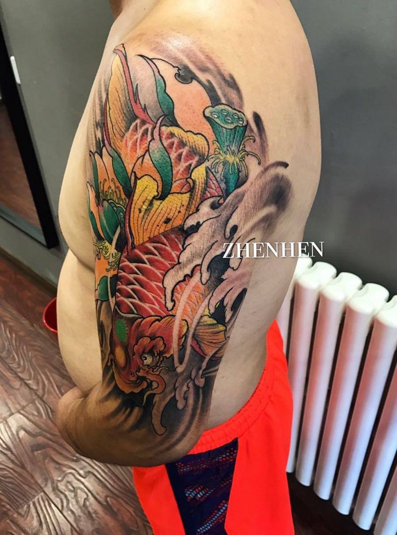 彩色鲤鱼纹身图片_成品手臂传统动物纹身图案