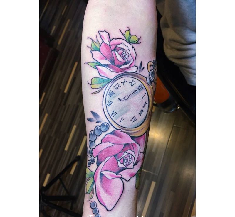 原创纹身 怀表玫瑰纹身图片
