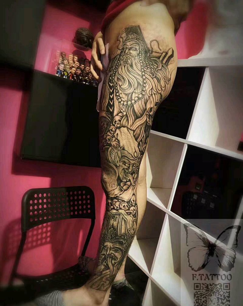 花腿纹身图片_腿部欧美传统人物骷髅成品纹身图案