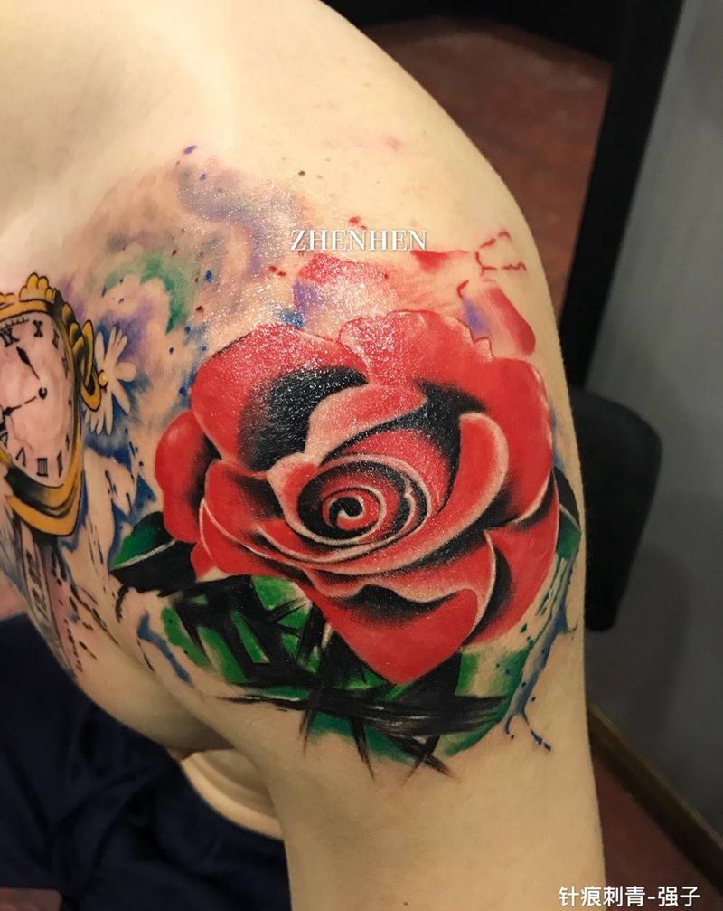 水墨怀表、玫瑰纹身图片_成品胸部手臂国画纹身图案
