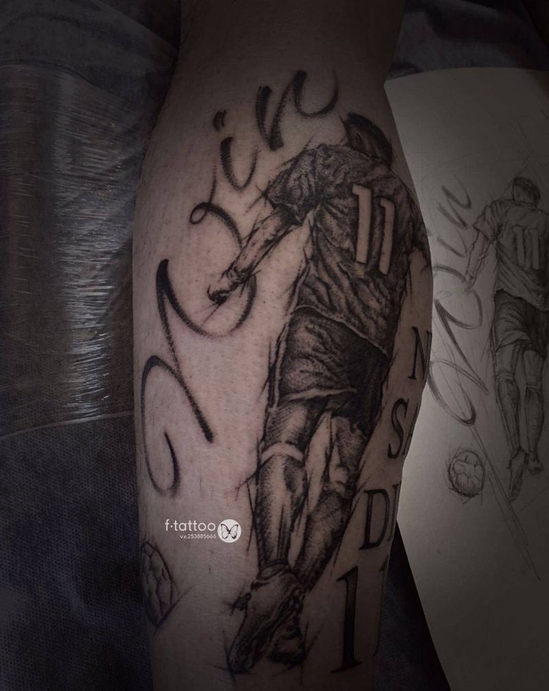 留念.纹身图片_成品腿部欧美肖像人物英文字母足球纹身图案