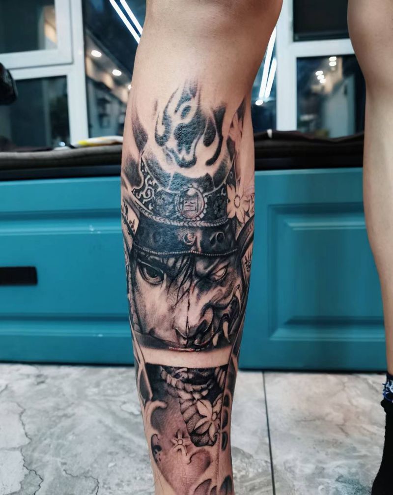 武士纹身图片_腿部新传统鬼武士武士纹身图案