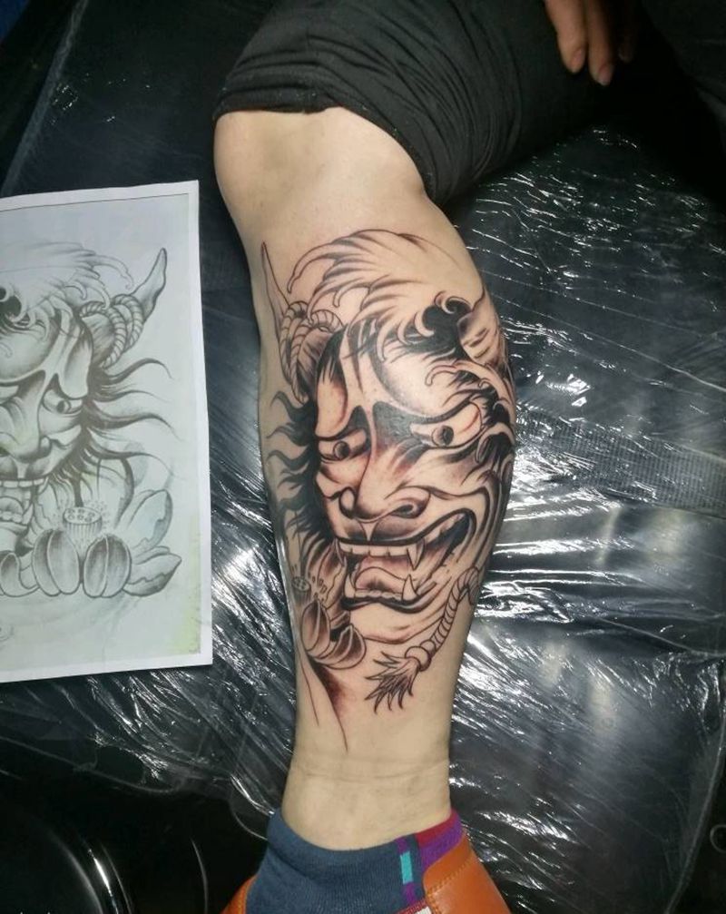 般若纹身图片_腿部传统鬼神成品纹身图案