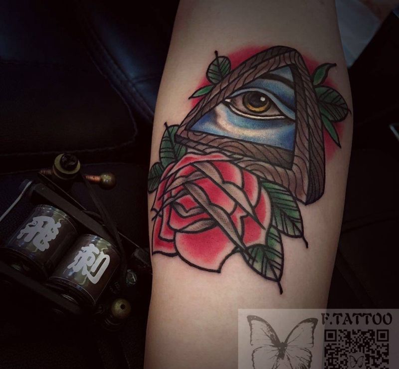 眼纹身图片_成品手臂欧美花彩色school纹身图案