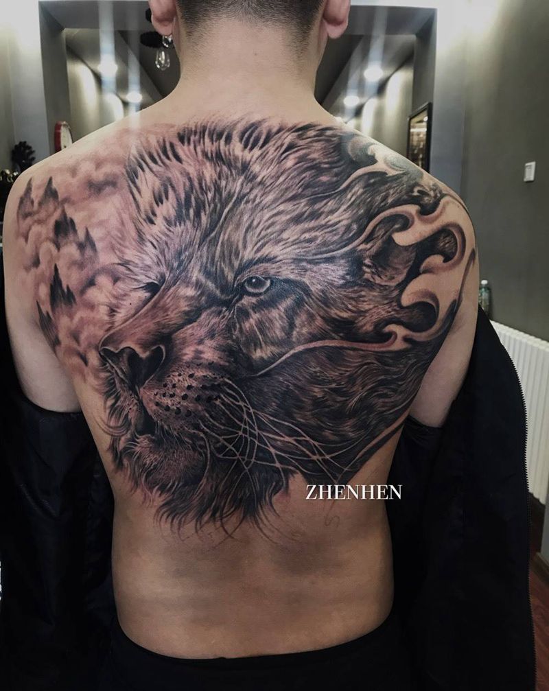 写实狮子纹身图片_插画背部写实原创纹身图案