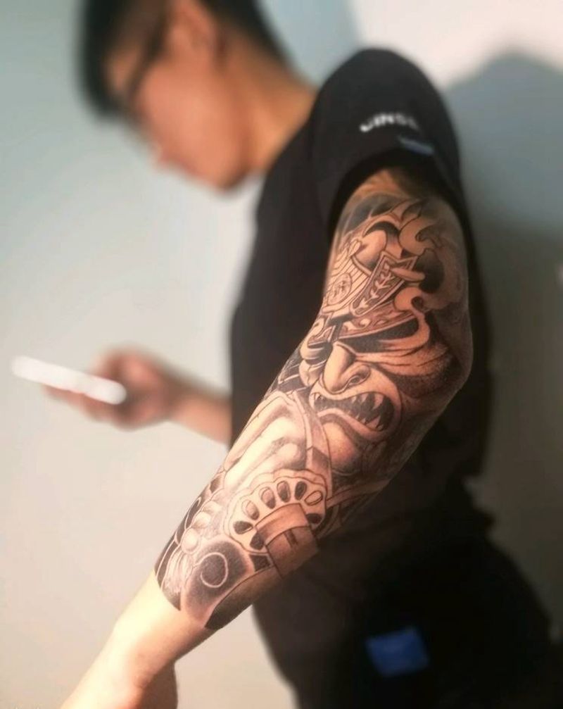 鬼武士接七分袖纹身图片_传统鬼神成品纹身图案