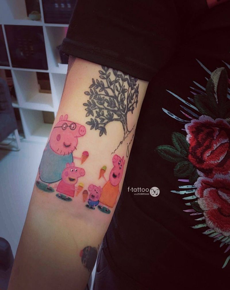 很社会的一家纹身图片_成品手臂清新女生卡通彩色佩琪school纹身图案