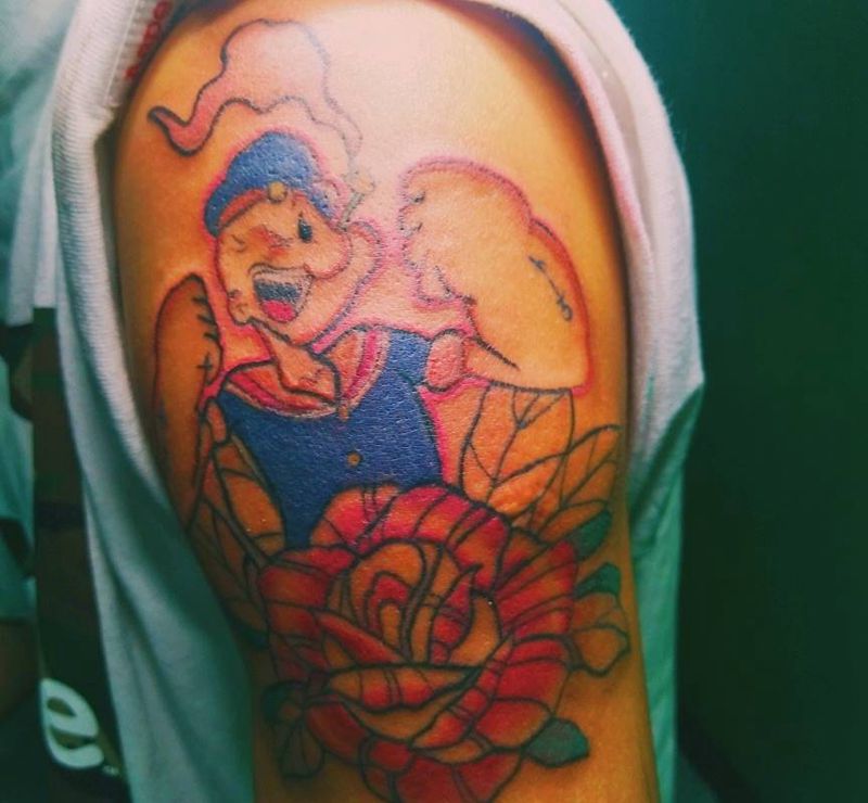 大力水手纹身图片_手臂Old School大力水手玫瑰纹身图案