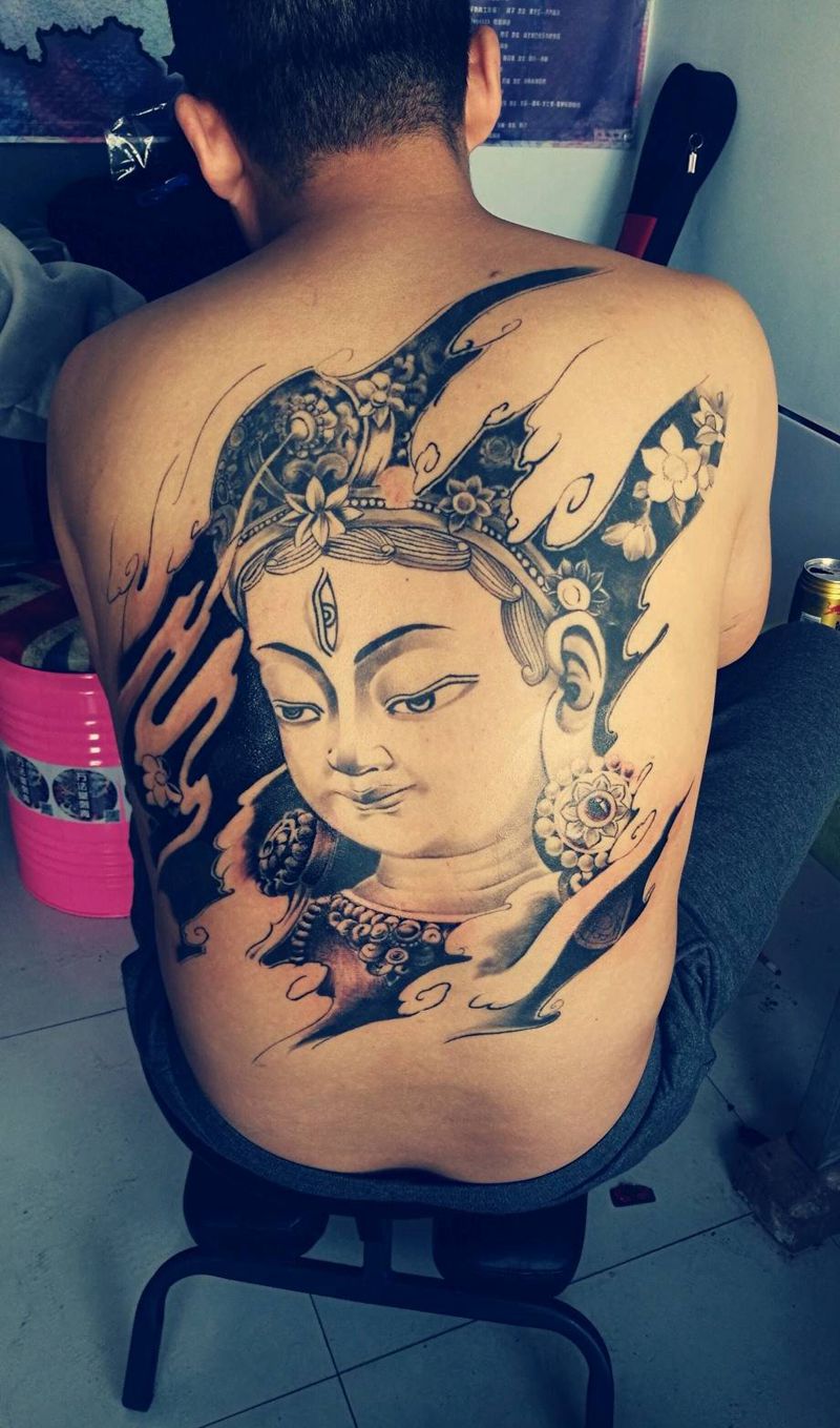 虚空藏菩萨纹身图片_背部传统肖像鬼神宗教成品纹身图案