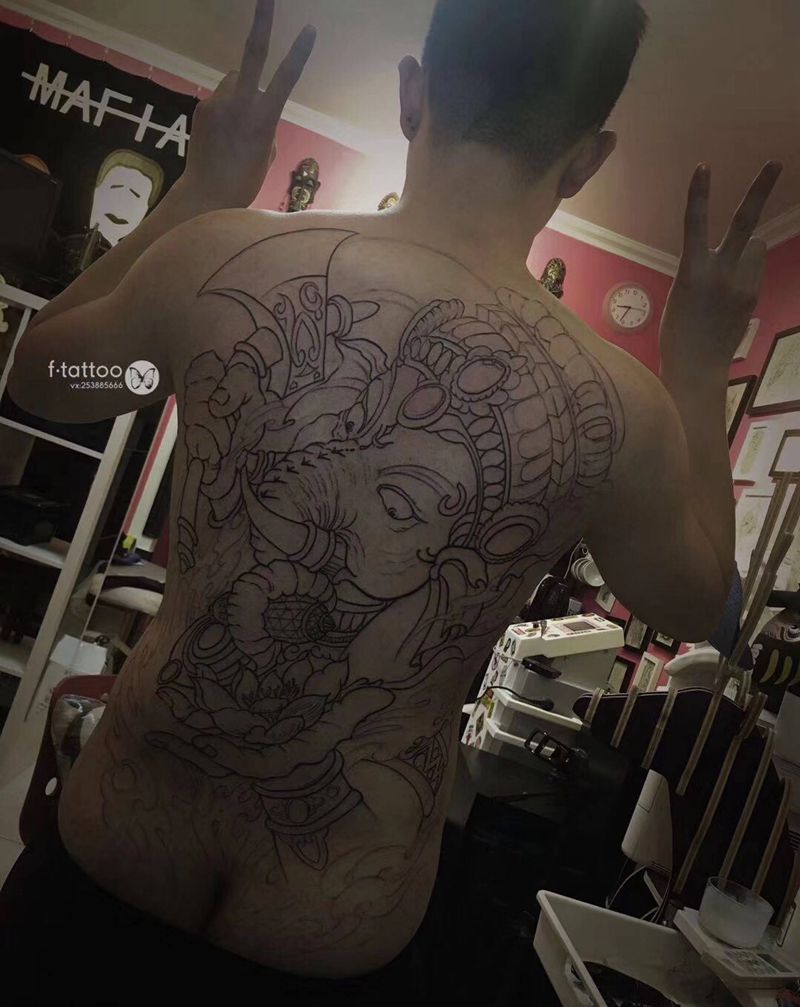 ok✌️（未完待续）纹身图片_背部新传统象神满背纹身图案