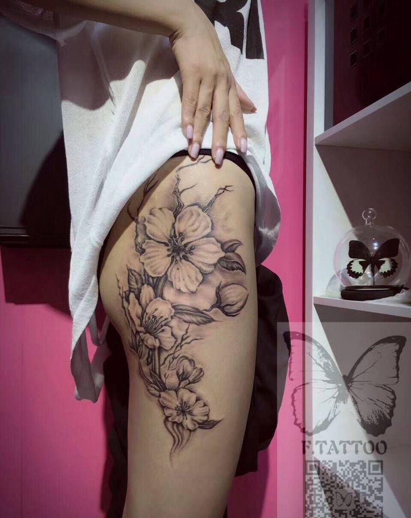 花纹身图片_成品腿部清新植物花纹身图案