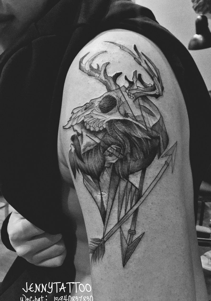 黑白线条纹身图片_成品手臂清新欧美人物纹身图案