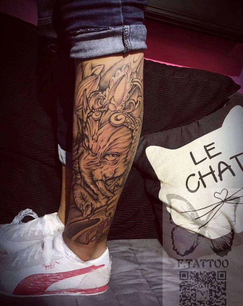 象神.纹身图片_成品腿部传统宗教象神纹身图案