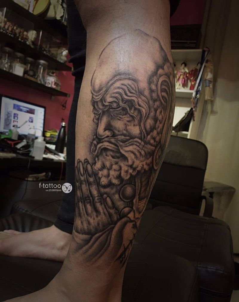 达摩.纹身图片_腿部老传统达摩黑灰毛笔字纹身图案
