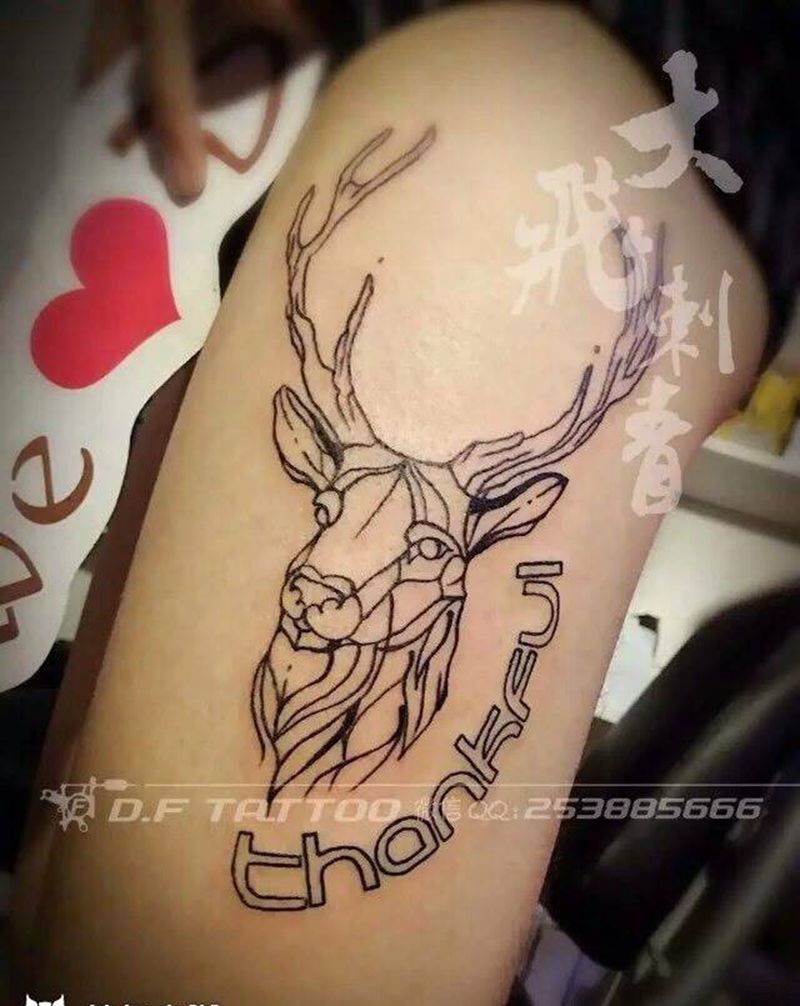 小清新纹身图片_女生英文清新鹿手臂颈部腿部毛笔字纹身图案