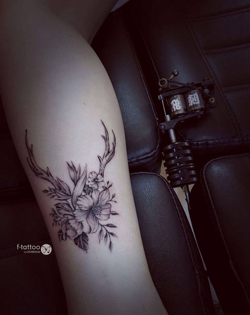 小清新一波.纹身图片_成品腿部清新字母花鹿英文脚踝纹身图案