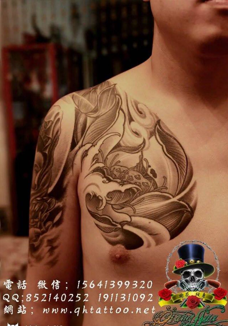 观音半甲纹身图片_成品胸部肩部传统肖像人物鬼神宗教纹身图案