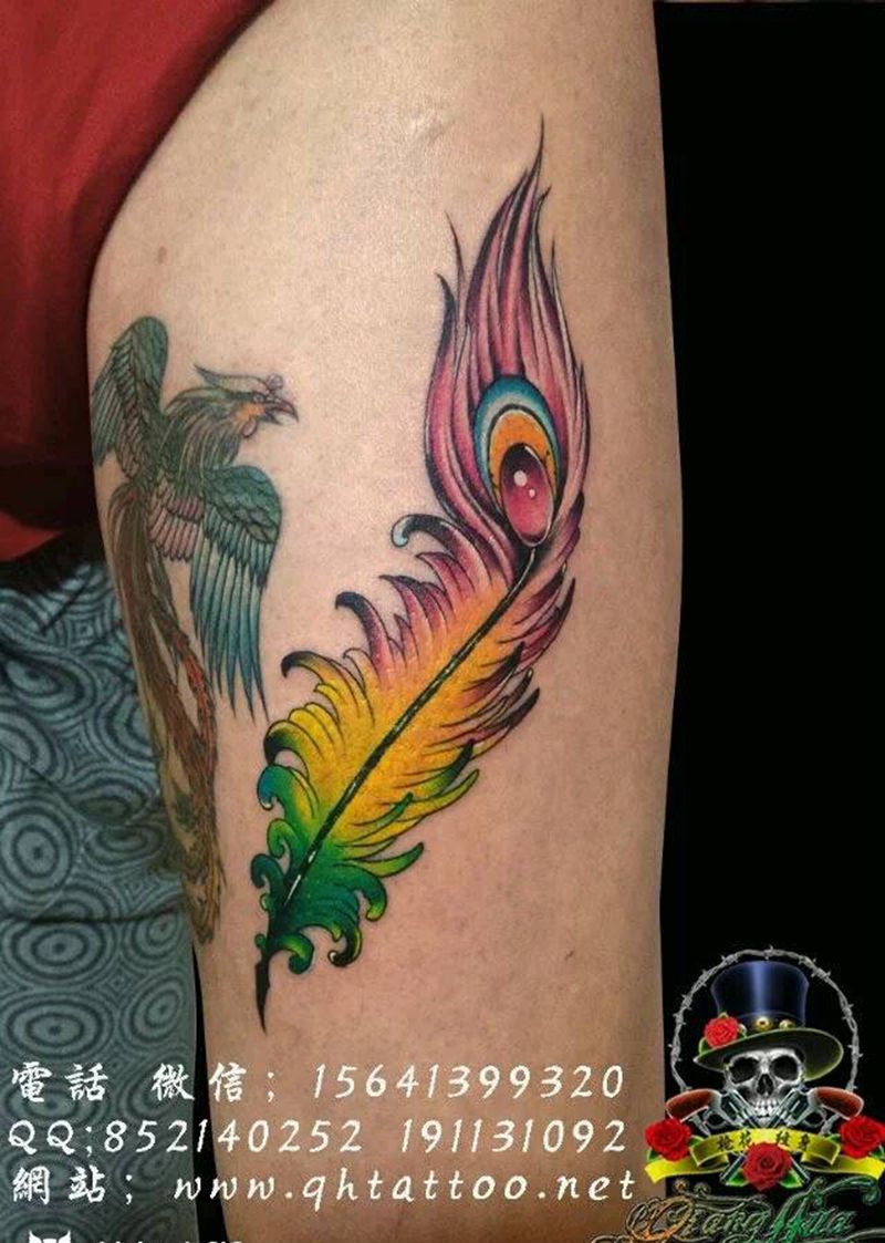 羽毛，纹身图片_腿部清新静物成品纹身图案