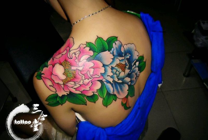牡丹花纹身图片_肩部传统国画植物营口鲅鱼圈纹熊岳盖州成品纹身图案