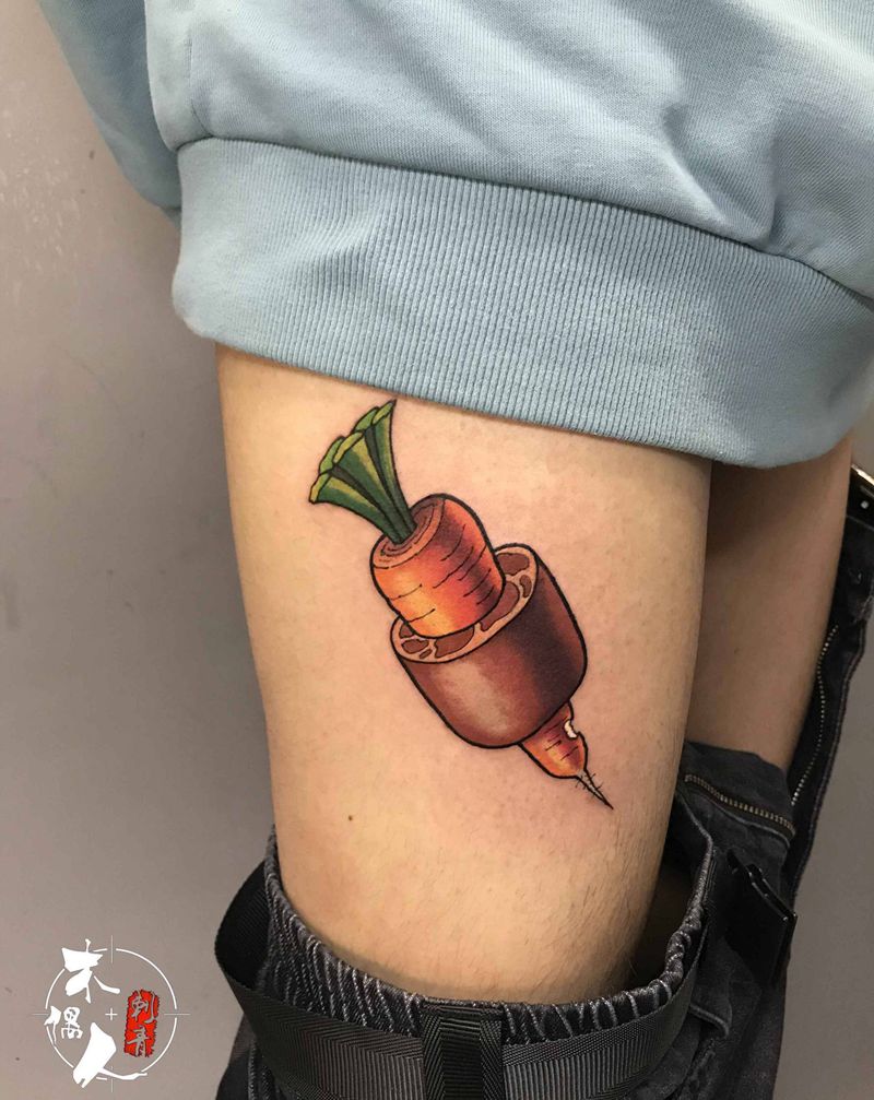 胡萝卜插肉块纹身图片_腿部纹身图案