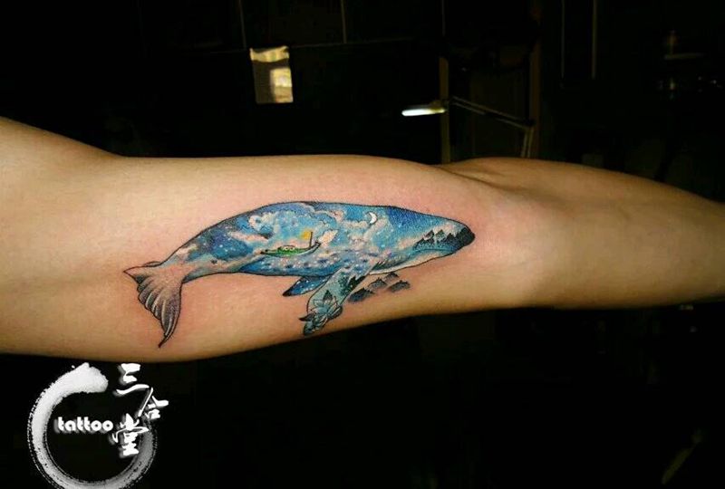 水彩鲲纹身图片_手臂清新动物营口鲅鱼圈纹熊岳盖州成品纹身图案