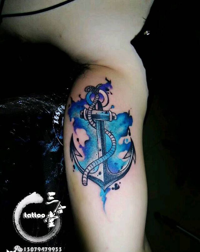 泼墨船锚纹身图片_手臂欧美清新静物营口鲅鱼圈纹成品纹身图案