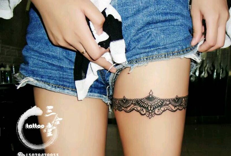 蕾丝纹身图片_腿部欧美清新写实贴纸营口成品纹身图案